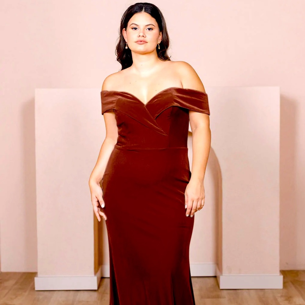Revelry Bardot velvet bridesmaid dress size 2 - terracotta